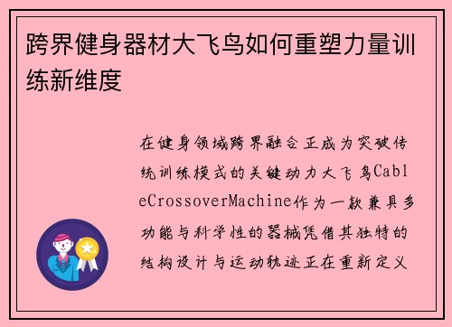 跨界健身器材大飞鸟如何重塑力量训练新维度